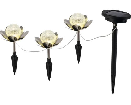 Set de lampes solaires de jardin comprenant trois lampes en forme de lotus, boules en verre craquelé et panneau solaire avec piquet.