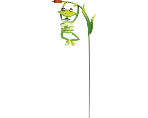 Solar-Gartenstecker aus Metall mit dekorativem Frosch an einer Schilfpflanze und Glaskugel mit LED.