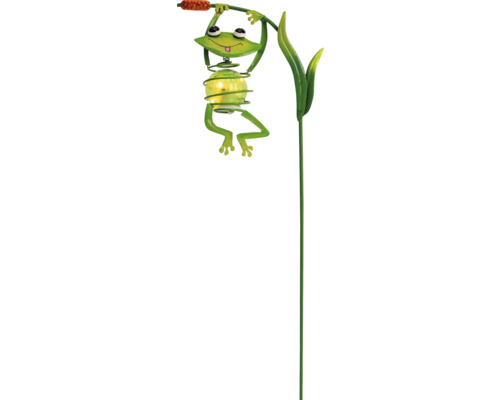 Solar-Gartenstecker in Form eines Frosches aus Metall und Glas mit integrierter Beleuchtung.