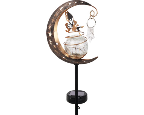 Solar-Gartenstecker mit Sichelmond, Feen-Silhouette und Glaskugel in Bruchglas-Optik auf einem schwarzen Stab mit Solarpanel.