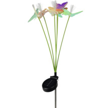 Solar-Gartenstecker mit bunten Schmetterlingsfiguren, Glasfaser-Lichteffekt und Solarpanel auf einem Erdspieß.