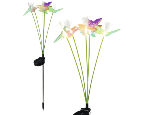 Solar-Gartenstecker mit Schmetterlingen und Glasfaser, Beleuchtung und Erdspieß aus Metall.