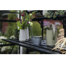 Scène de jardin avec arrosoir, pots de fleurs et accessoires de jardinage sur une étagère dans une serre.