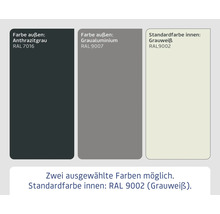 Sélection de couleurs : gris anthracite RAL 7016, gris aluminium RAL 9007 et blanc grisâtre RAL 9002