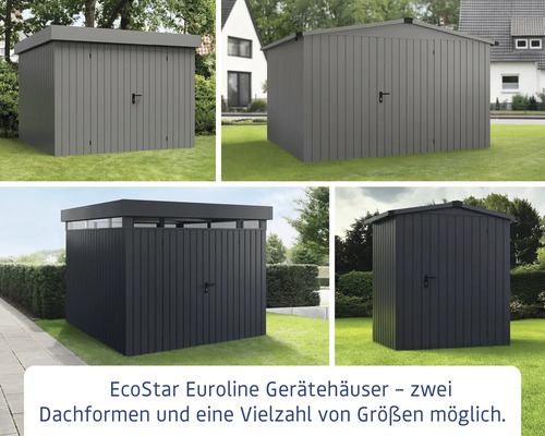 Abris de jardin EcoStar Euroline avec différentes formes de toit et tailles