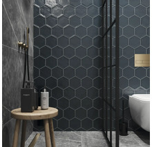 Salle de bains avec carreaux muraux hexagonaux, douche, toilettes et tabouret en bois