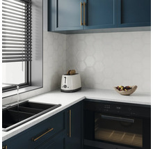 Cuisine moderne avec évier, grille-pain, four et carreaux muraux hexagonaux.