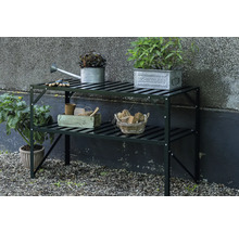 Table de jardin avec deux étagères, décorée avec des plantes et des accessoires de jardinage