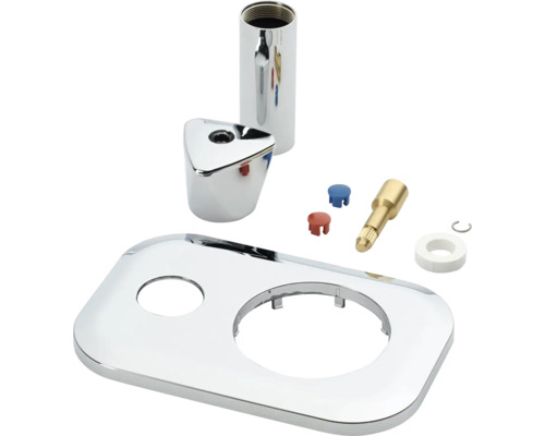 Kit de robinetterie encastrée avec plaque de recouvrement chromée, poignée triangulaire, douille, rallonge de tête et accessoires.