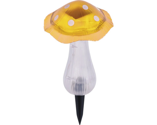 Solar-Gartenleuchte in Pilzform mit gelbem, gepunktetem Hut, transparentem Stiel und schwarzem Erdspieß.