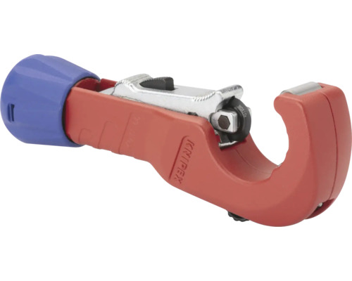 Knipex Rohrabschneider mit blauem Drehgriff und rotem Metallgehäuse zum präzisen Schneiden von Rohren.