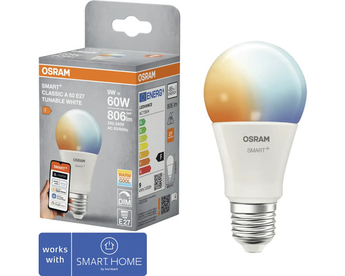 Osram Smart Plus Classic A 60 E27 LED Lampe mit einstellbarem Weisston im Karton und einzeln