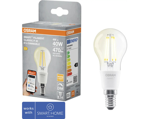Osram Smart+ Filament Classic P 40 E14 dimmbare Lampe und Verpackung