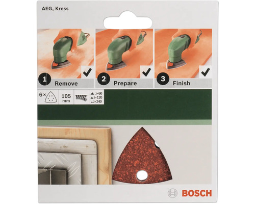 Jeu de papier abrasif Bosch avec feuilles triangulaires, grain 60, 120 et 240