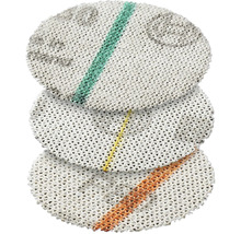 Trois disques filtrants ronds avec des rayures de couleur.