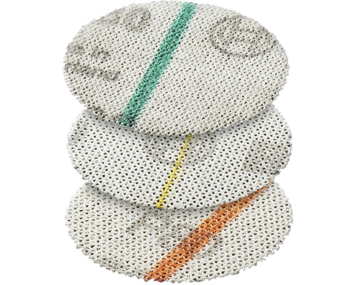 Trois disques filtrants ronds avec des rayures de couleur.