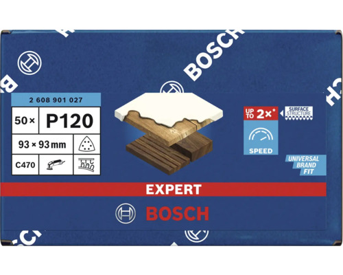 Jeu de feuilles abrasives Bosch Expert, grain P120, 93x93 millimètres, 50 pièces