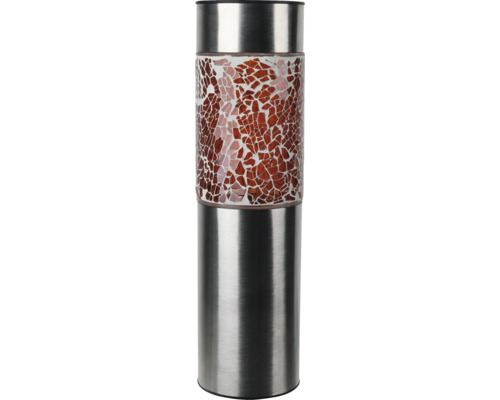 Zylindrische Solarleuchte aus Edelstahl mit einem braunen Glasmosaikmuster.