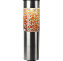 Zylindrische Solar-Gartenleuchte aus Edelstahl mit orangefarbenem Glasmosaik.