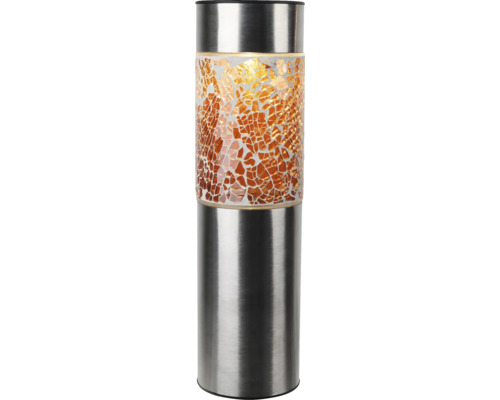 Zylindrische Solar-Gartenleuchte aus Edelstahl mit orangefarbenem Glasmosaik.