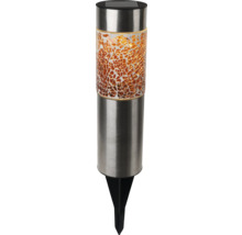 Solar-Gartenleuchte aus Edelstahl mit orangefarbenem Mosaikglas und Erdspieß.