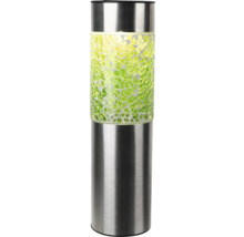 Zylindrische Solar-Gartenleuchte aus Edelstahl mit grünem Glasmosaik.