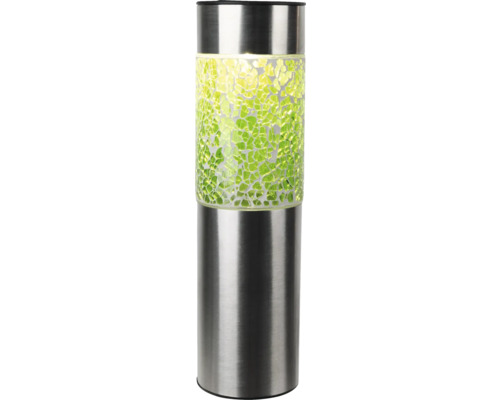 Zylindrische Solar-Gartenleuchte aus Edelstahl mit grünem Glasmosaik.