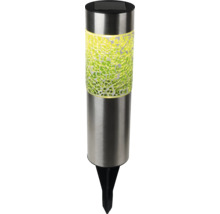 Zylindrische Solarleuchte aus Edelstahl mit grünem Mosaikglas und schwarzem Erdspieß.