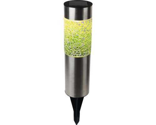 Zylindrische Solarleuchte aus Edelstahl mit grünem Mosaikglas und schwarzem Erdspieß.