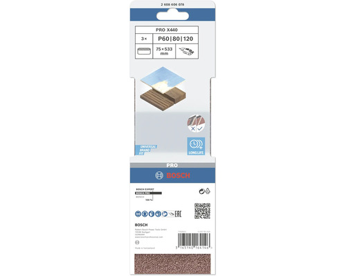 Lot de bandes abrasives Bosch PRO X440, grain P60, P80 et P120, dimension 75 x 533 millimètres