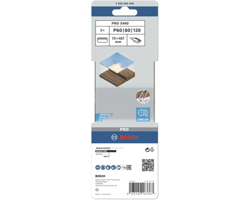 Jeu de bandes abrasives Bosch PRO X440, grain P60, P80 et P120, taille 75 x 457 millimètres