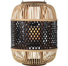 Lanterne cylindrique en lattes de bois et tressage noir avec un photophore interne en verre.