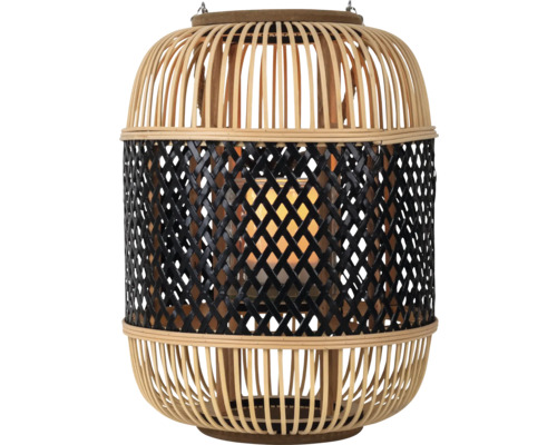 Lanterne cylindrique en lattes de bois et tressage noir avec un photophore interne en verre.