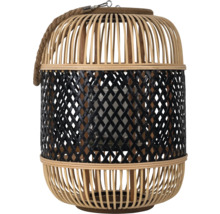 Lanterne en bambou avec motif tressé noir, insert en verre et poignée en corde