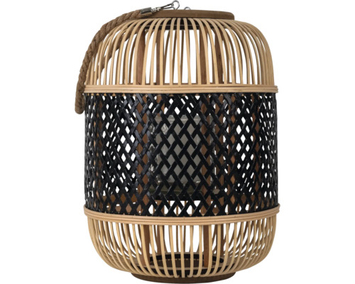 Lanterne en bambou avec motif tressé noir, insert en verre et poignée en corde