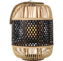 Lanterne en bambou avec poignée en corde et photophore en verre, couleur naturelle avec motif tressé noir.