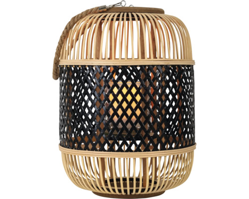 Lanterne en bambou avec poignée en corde et photophore en verre, couleur naturelle avec motif tressé noir.