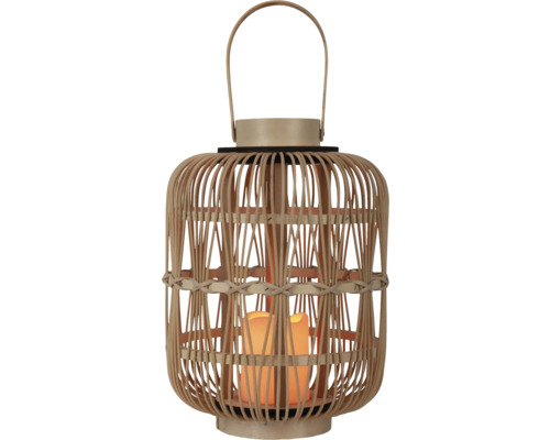 Solar-Laterne aus Bambus mit Henkel und integrierter LED-Kerze.