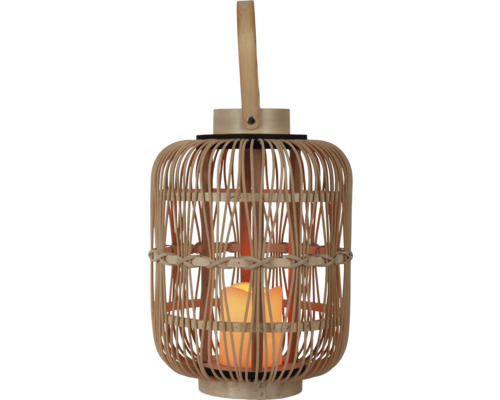 Laterne aus geflochtenem Bambus mit LED-Kerze und Holzgriff.