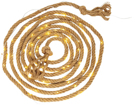 Guirlande lumineuse LED en corde de chanvre avec LED blanc chaud, enroulée en spirale.