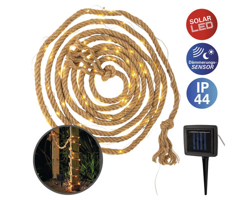 Guirlande solaire en corde avec LED et détecteur crépusculaire