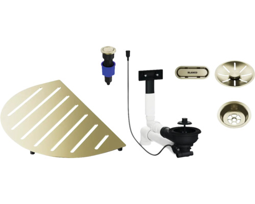 Ablaufgarnitur und Eckregal für das Waschbecken