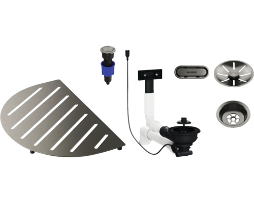 Kit de composants Blanco OOVALON satin platinum 527997 Kit d'accessoires d'évier avec panier de crépine, étagère d'angle et commande excentrée