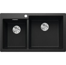 Schwarze Küchenspüle mit zwei Becken und Abflusssieb