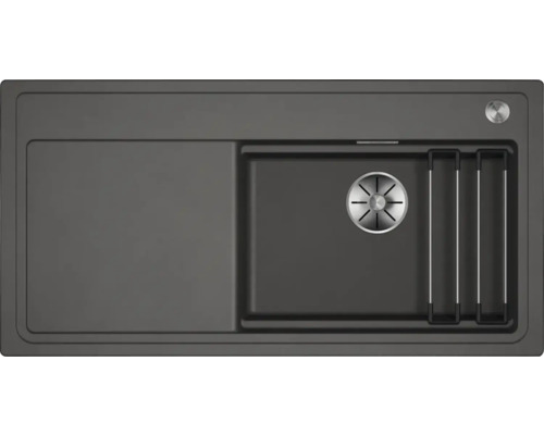 Graue Küchenspüle mit Abtropffläche und Zubehör