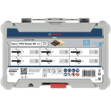 Coffret de 6 fraises à défoncer Bosch PRO avec queue de 8 millimètres, caractéristiques techniques et symboles de sécurité.