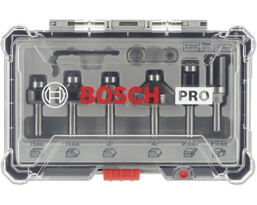 Bosch Logo sur un coffret de six fraises Bosch Pro dans une boîte en plastique transparente pour défonceuses.