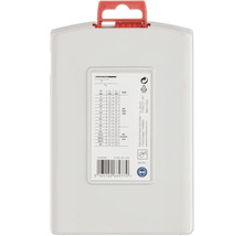 Dos d'un coffret de forets en plastique avec poignée rouge, tableau de dimensions, vitesses et consignes de protection oculaire et refroidissement.