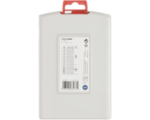 Dos d'un coffret de forets en plastique avec poignée rouge, tableau de dimensions, vitesses et consignes de protection oculaire et refroidissement.