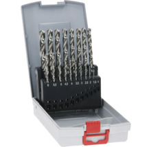 Jeu de forets hélicoïdaux en acier dans un coffret en plastique gris avec fermoir rouge et marquage des tailles.